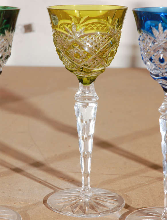 Mid-20th Century 1960  Val St Lambert Colored Etched Crystal Wine Goblets For Sale