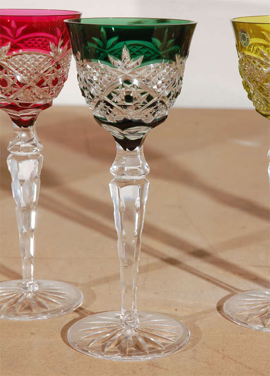 Glass 1960  Val St Lambert Colored Etched Crystal Wine Goblets For Sale