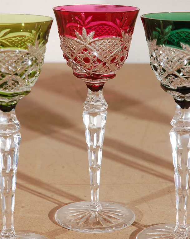 1960  Val St Lambert Colored Etched Crystal Wine Goblets For Sale 1