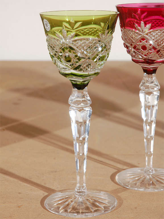 1960  Val St Lambert Colored Etched Crystal Wine Goblets For Sale 2