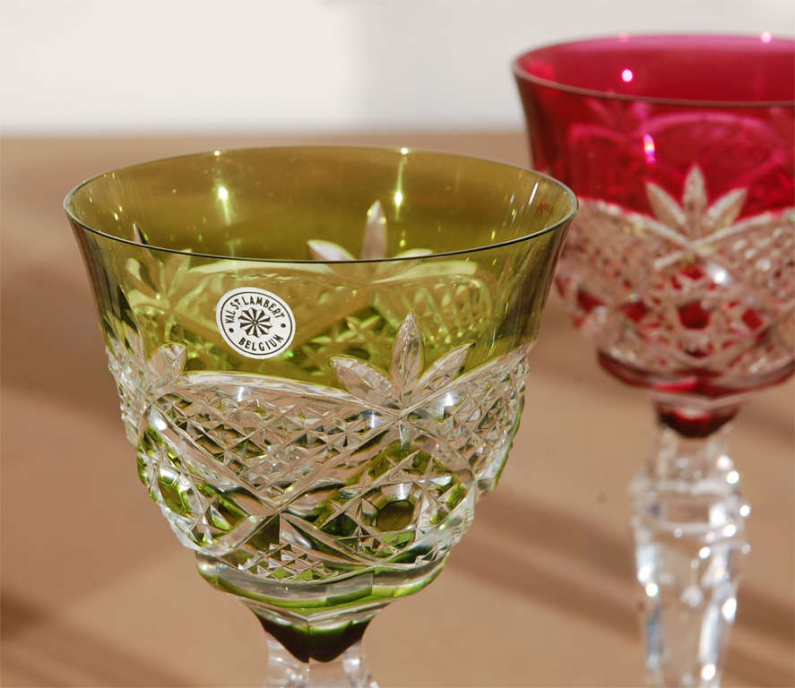 1960  Val St Lambert Colored Etched Crystal Wine Goblets For Sale 3