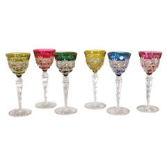 Vintage 1960  Val St Lambert Colored Etched Crystal Wine Goblets