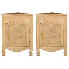 Antique Pair of Old Limed Oak Carved Wood Corner Cabinets