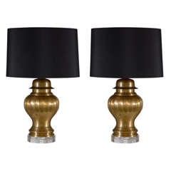 Pair of Bronze Ribbed Vessel Lamps
