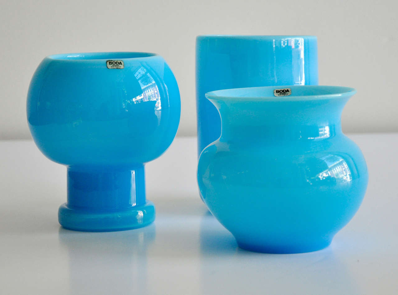 Swedish Opaque Blue Glass Vases by Erik Hoglund For Sale