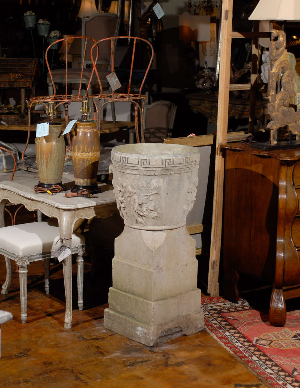 Tall English Neoclassical Style Urn on Base with Greek Key and Bacchanal Theme