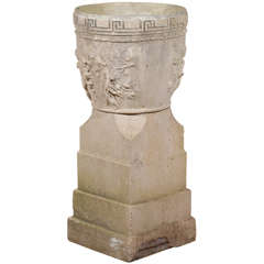 Tall English Neoclassical Style Urn on Base with Greek Key and Bacchanal Theme