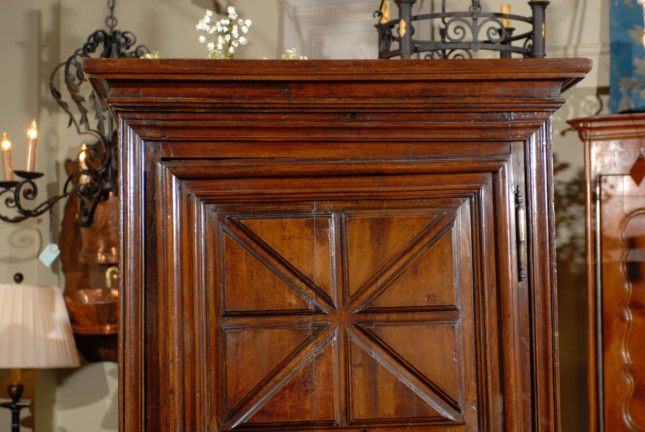 Fruitwood 18th Century French Bonnetière Armoire with Geometric Patterns on Single Door