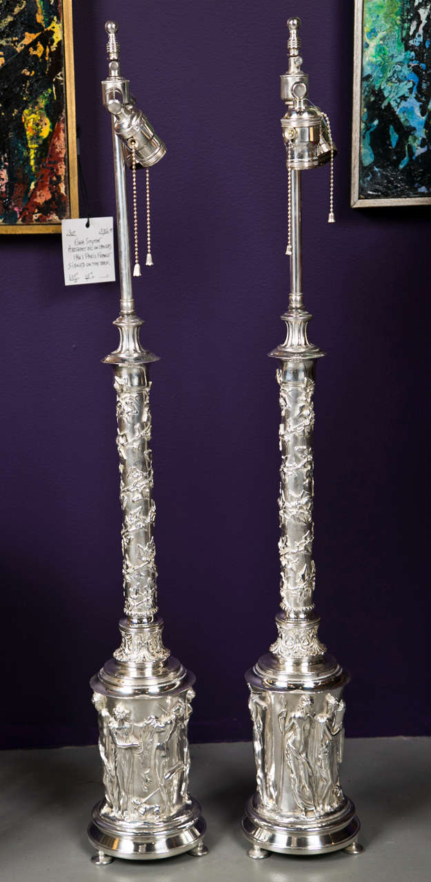 A Beautiful Pair of 19th Century silver plated Caldwell table lamps. Crafted in a neoclassical design.