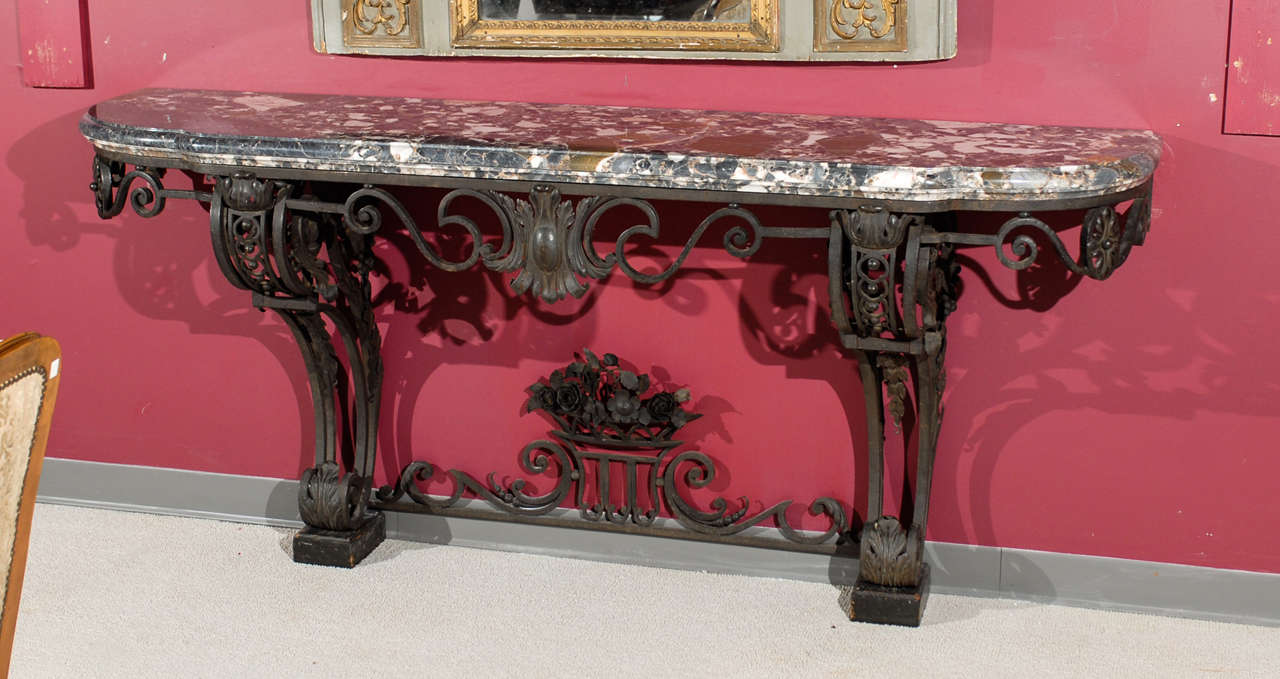 Antique Phenomenal French Iron Console With Marble Top