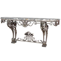 Antique Phenomenal French Iron Console With Marble Top