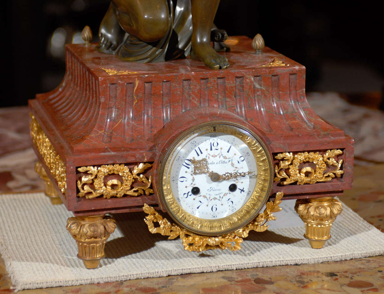 French Gilt Bronze and Marble Figural Clock For Sale