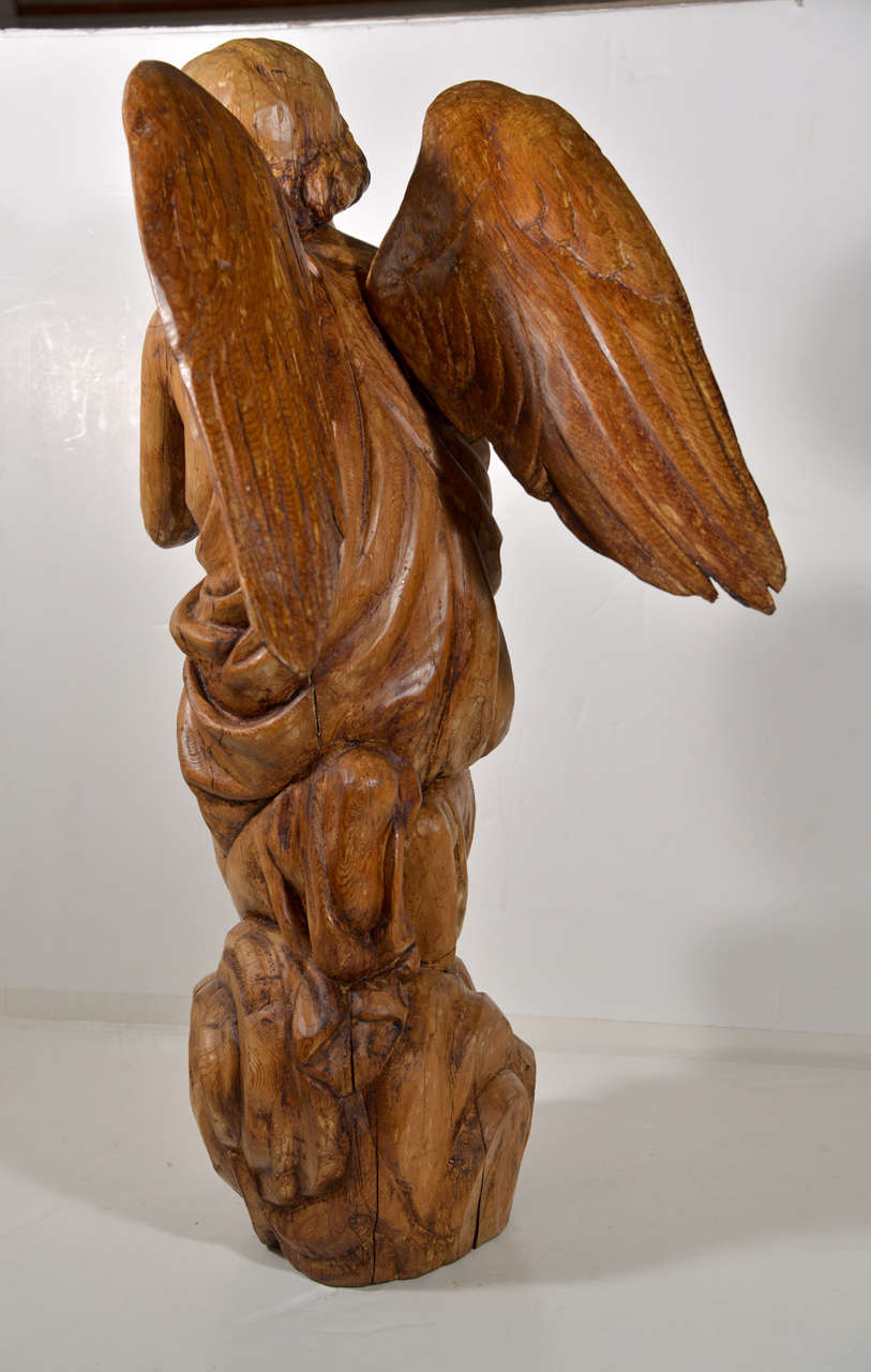 French Pair of Antique Carved Wooden Angels