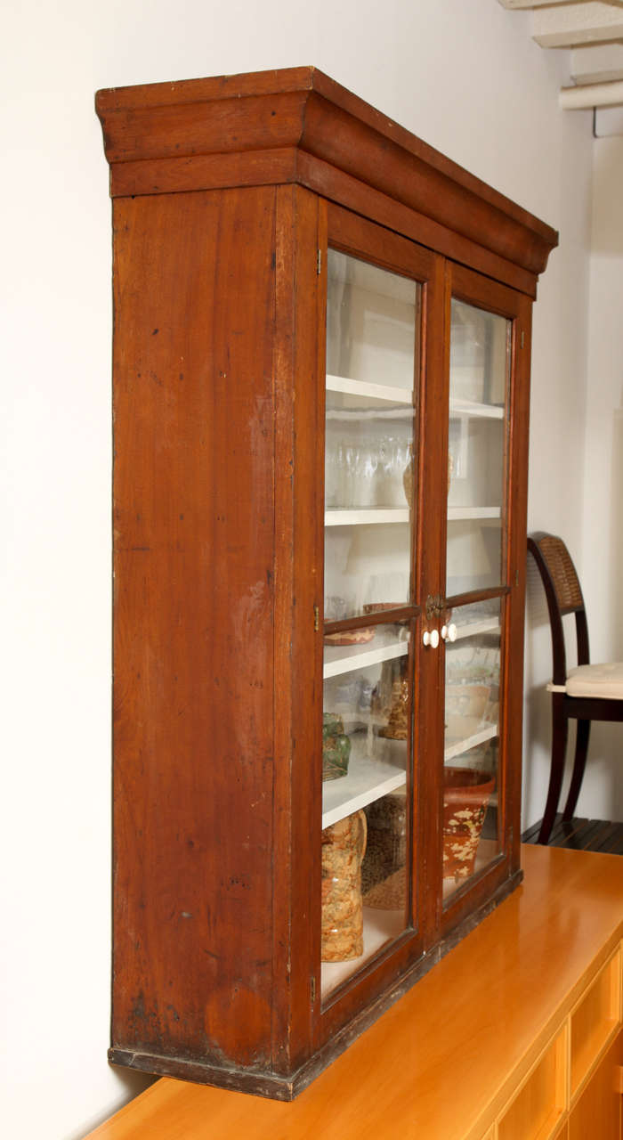 Mid-20th Century Painted  Shaker Style Wood Wall Cupboard with Clear Glass Doors For Sale