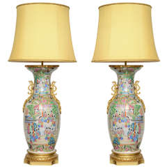 Large Pair of Chinese Rose Medallion Lamps 11
