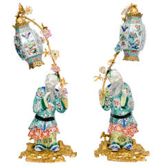 Antique Pair Of Chinese Porcelain Figurines Holding Up Lanterns