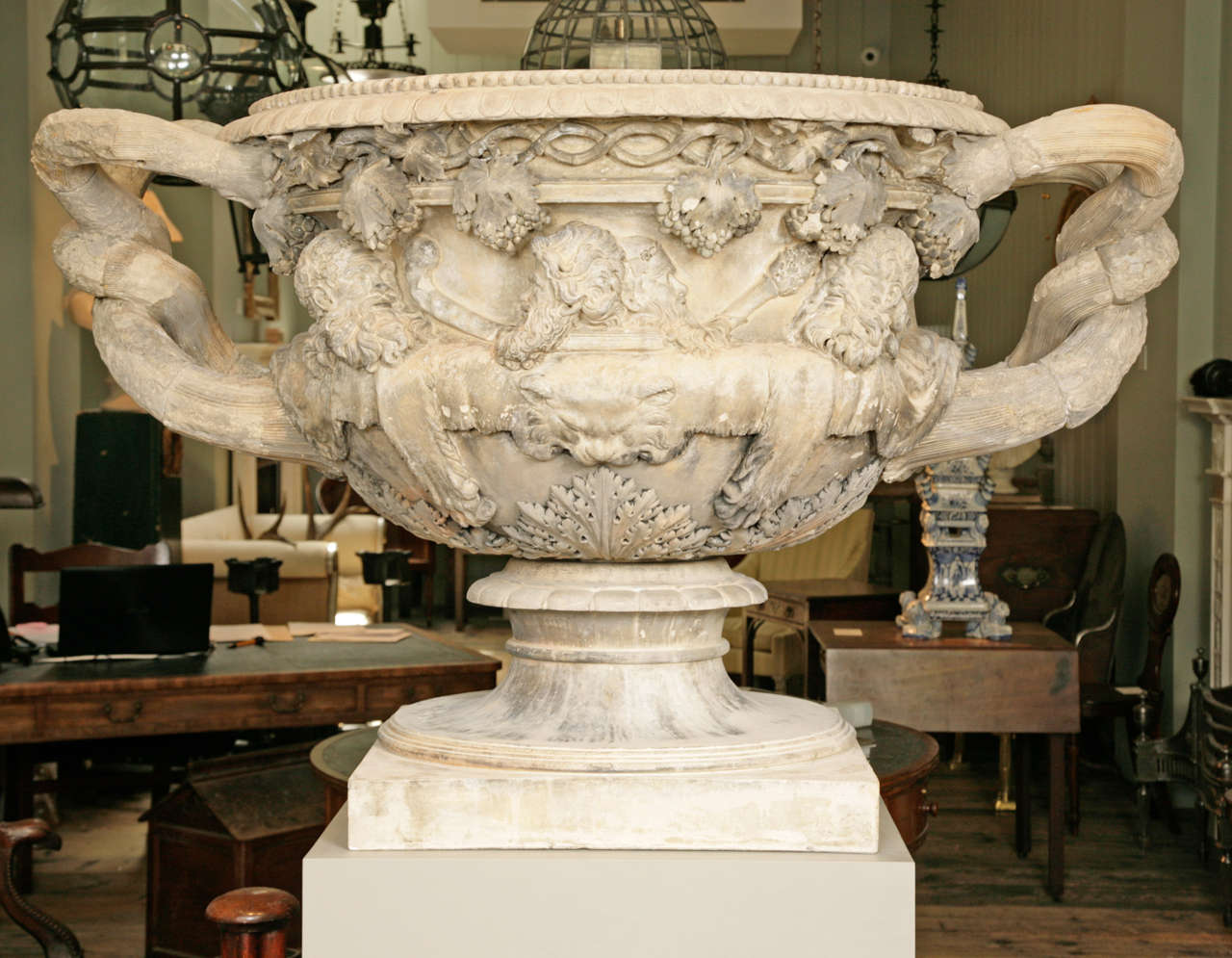 The Warwick vase was found in fragments by Gavin Hamilton in 1769-1770 digging in the silts of lake Pantanello in the grounds of the Villa Tiburtina, the villa of the Roman Emperor Hadrian outside Rome. It was restored in 1772-1774 by Grandjacquet