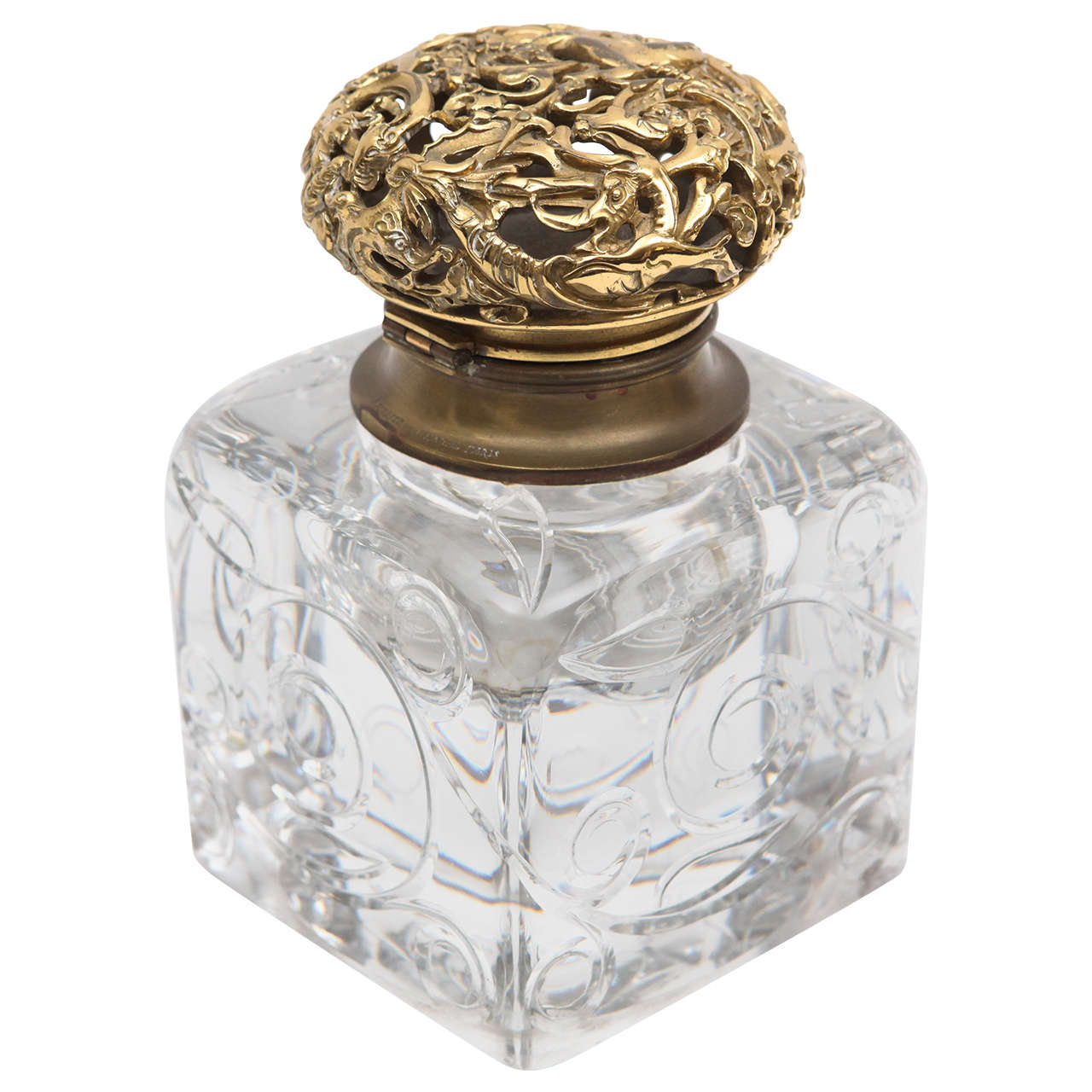 19th Century French Crystal and Bronze Inkwell For Sale
