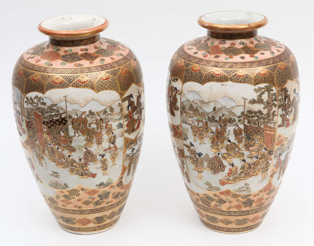 Pair of late 19th c. Japanese Satsuma Porcelain Vases with Hand Painting and Gilt Details.  Signed by Maker.