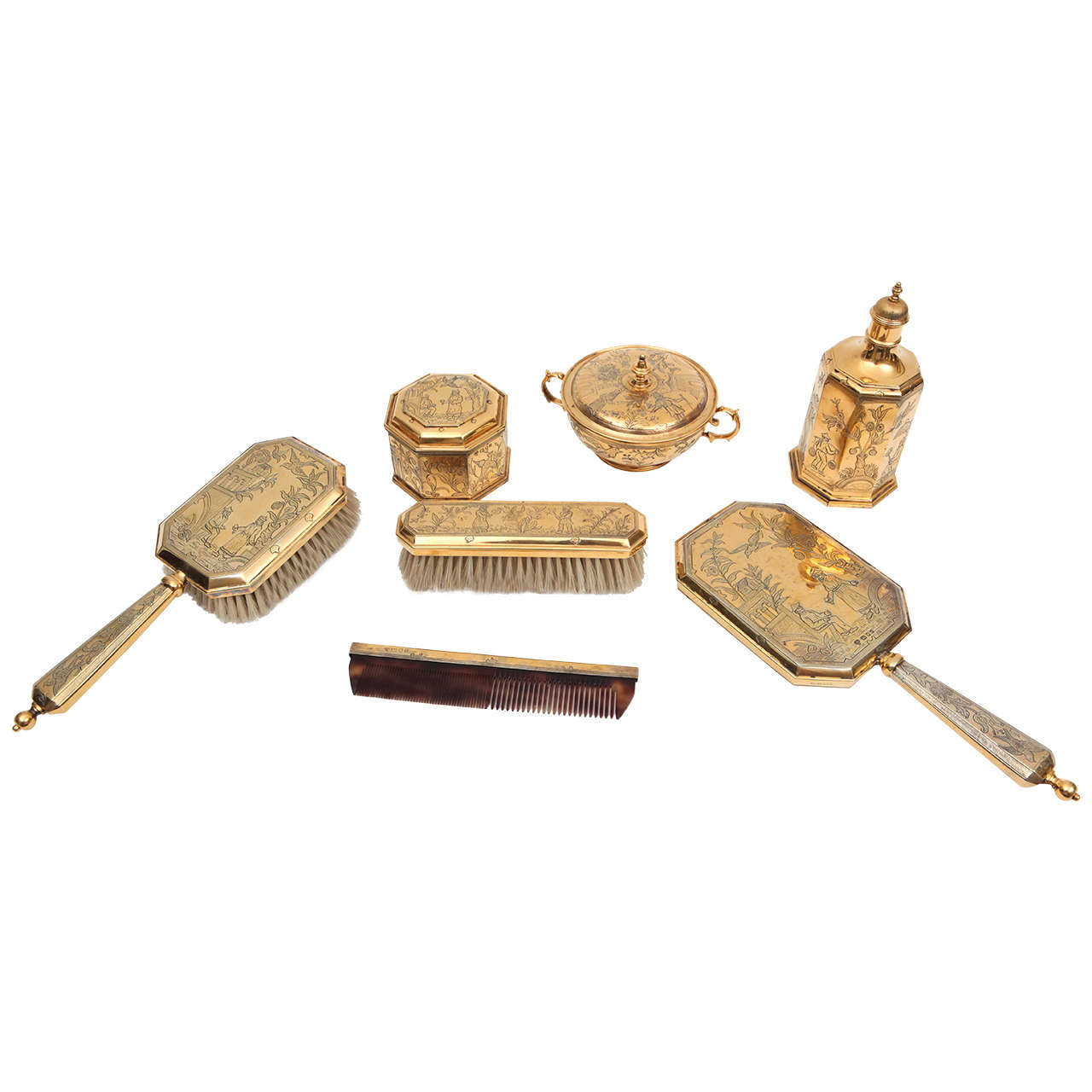 19th Century English Gold Washed Sterling Vanity Set