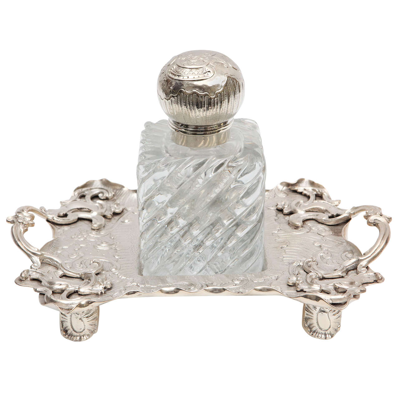 1900s English Crystal and Silver Plated Sheffield Inkwell on Tray For Sale