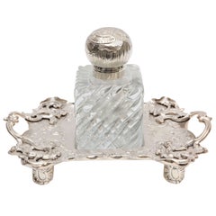 1900s English Crystal and Silver Plated Sheffield Inkwell on Tray