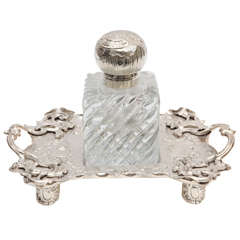 1900s English Crystal and Silver Plated Sheffield Inkwell on Tray