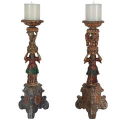 Pair of 19th Century Italian Polychromed Candlesticks