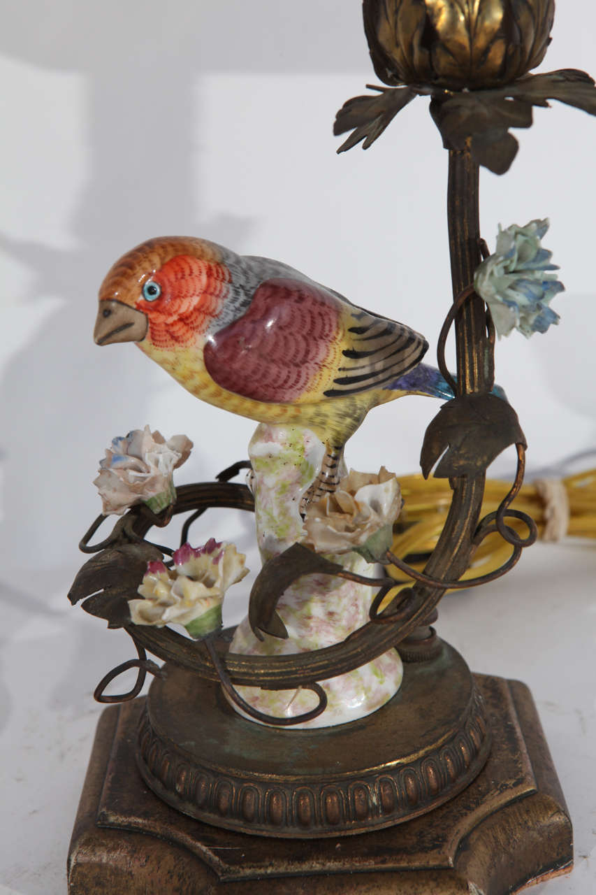 Early 20th Century Pair of 1900s German Porcelain Bird Lamps
