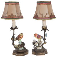 Pair of 1900s German Porcelain Bird Lamps