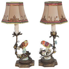 Pair of 1900s German Porcelain Bird Lamps 9