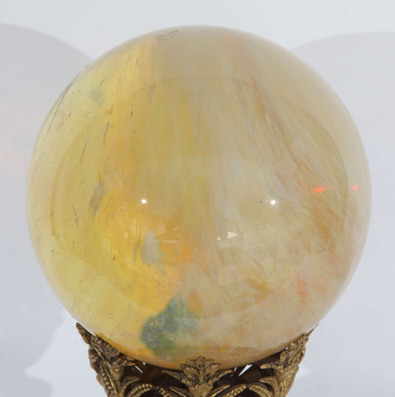 Gilt 19th Century French, Dore Bronze Rouge Marble Stand with an Opalescent Glass Orb