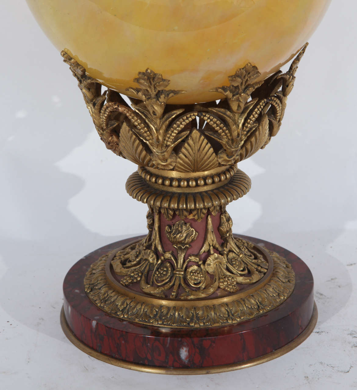 19th Century French, Dore Bronze Rouge Marble Stand with an Opalescent Glass Orb 1