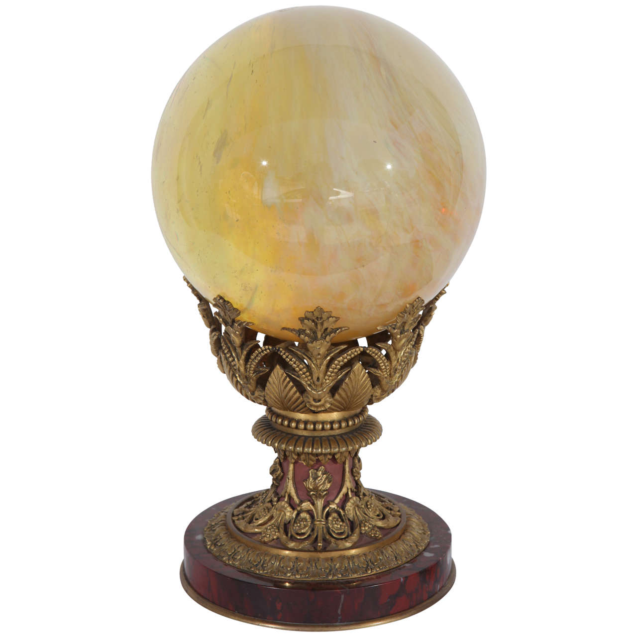 19th Century French, Dore Bronze Rouge Marble Stand with an Opalescent Glass Orb