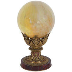 19th Century French, Dore Bronze Rouge Marble Stand with an Opalescent Glass Orb