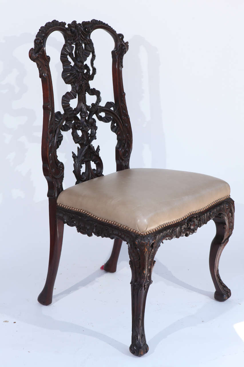 Single 19th c. Chinese Chippendale Finely Carved Side Chair with Leather Upholstered Seat.
