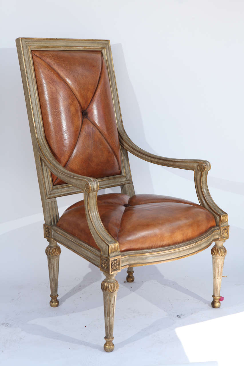 Pair of Hendrix or Allardyce reproduction armchairs with painted and giltwood finish. There is one pair available.