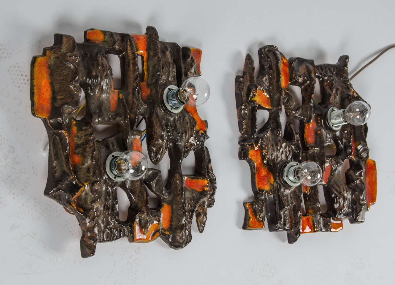 Pair of Late Mid-Century 1970s Belgium Brown & Orange Ceramic Wall Lights