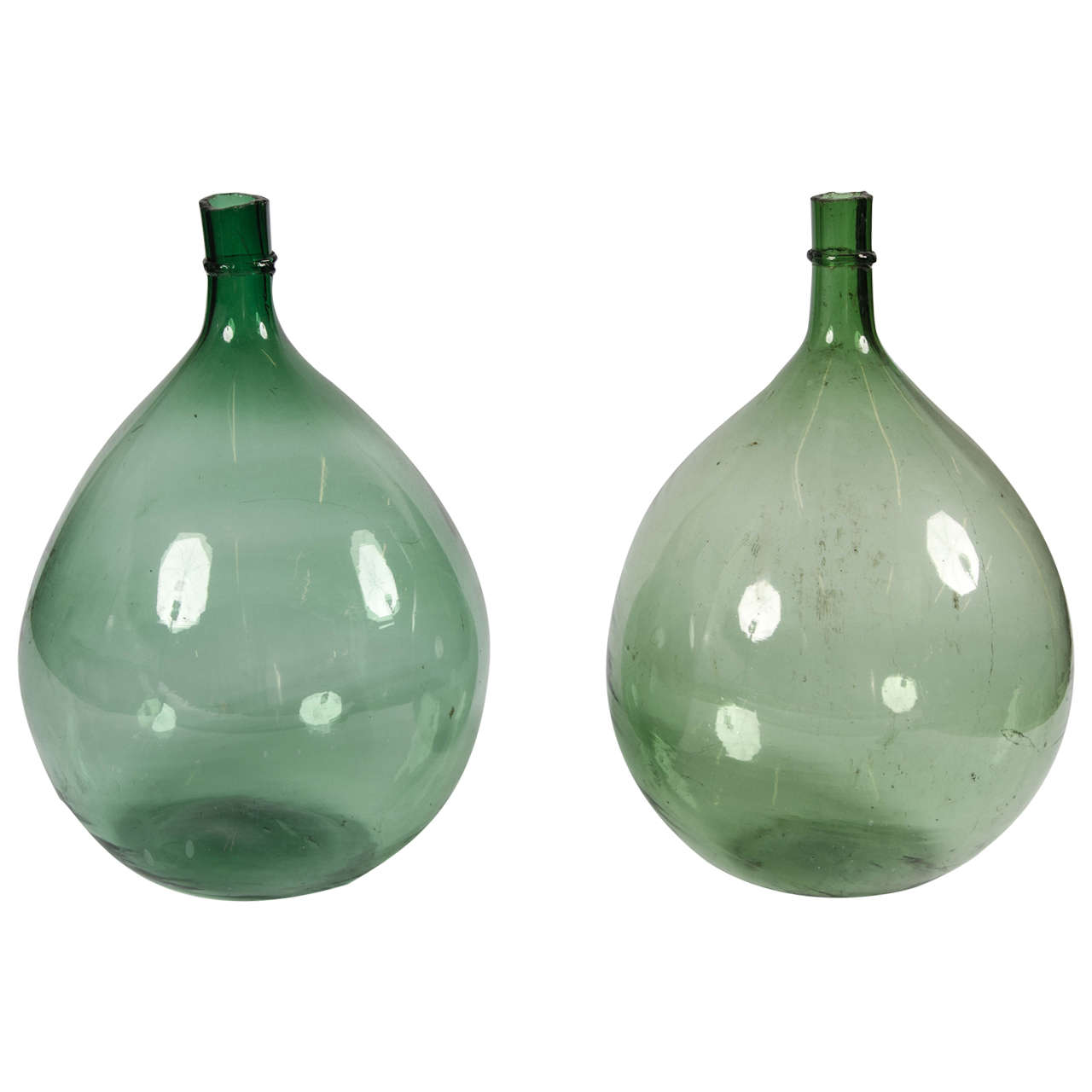 Pair of Late 18th Century Green Handblown Demijohns Glass Bottles  For Sale