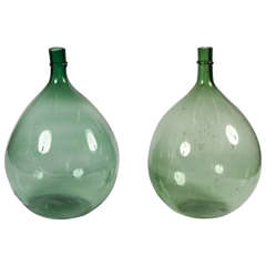 Antique Pair of Late 18th Century Green Handblown Demijohns Glass Bottles 