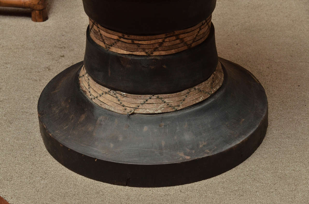 Carved Turn of the Century Thai Tribal Drum with Original Skin and Iron Decoration
