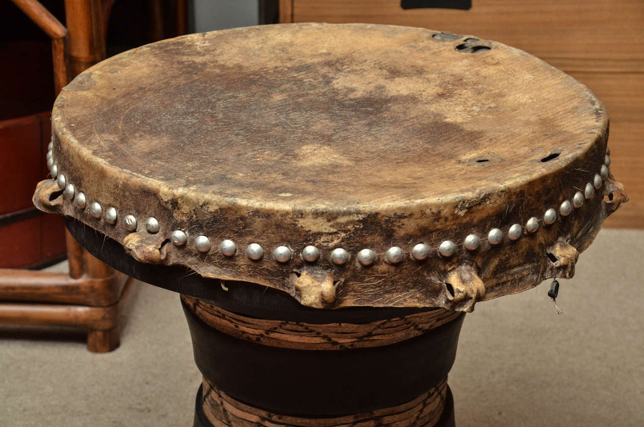 Turn of the Century Thai Tribal Drum with Original Skin and Iron Decoration In Excellent Condition In East Hampton, NY