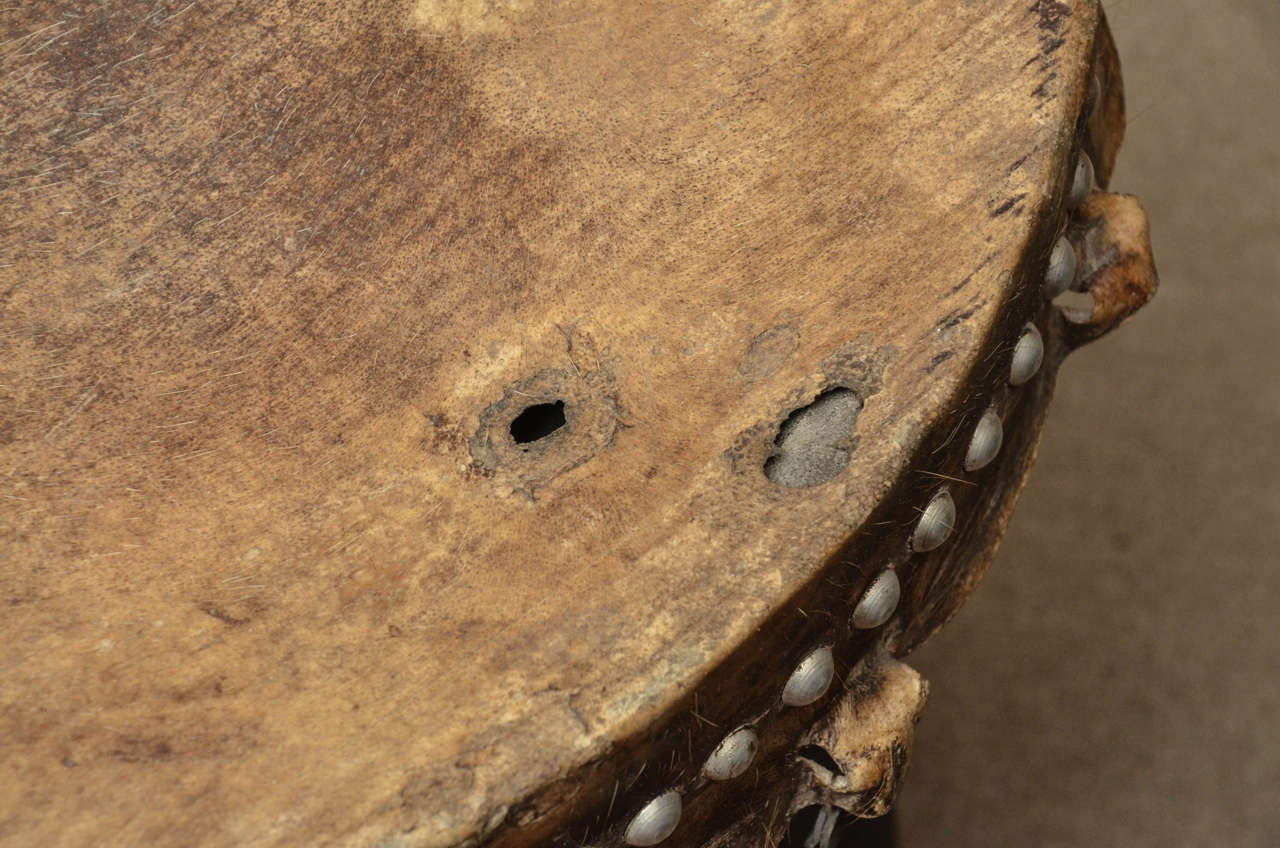 Hardwood Turn of the Century Thai Tribal Drum with Original Skin and Iron Decoration