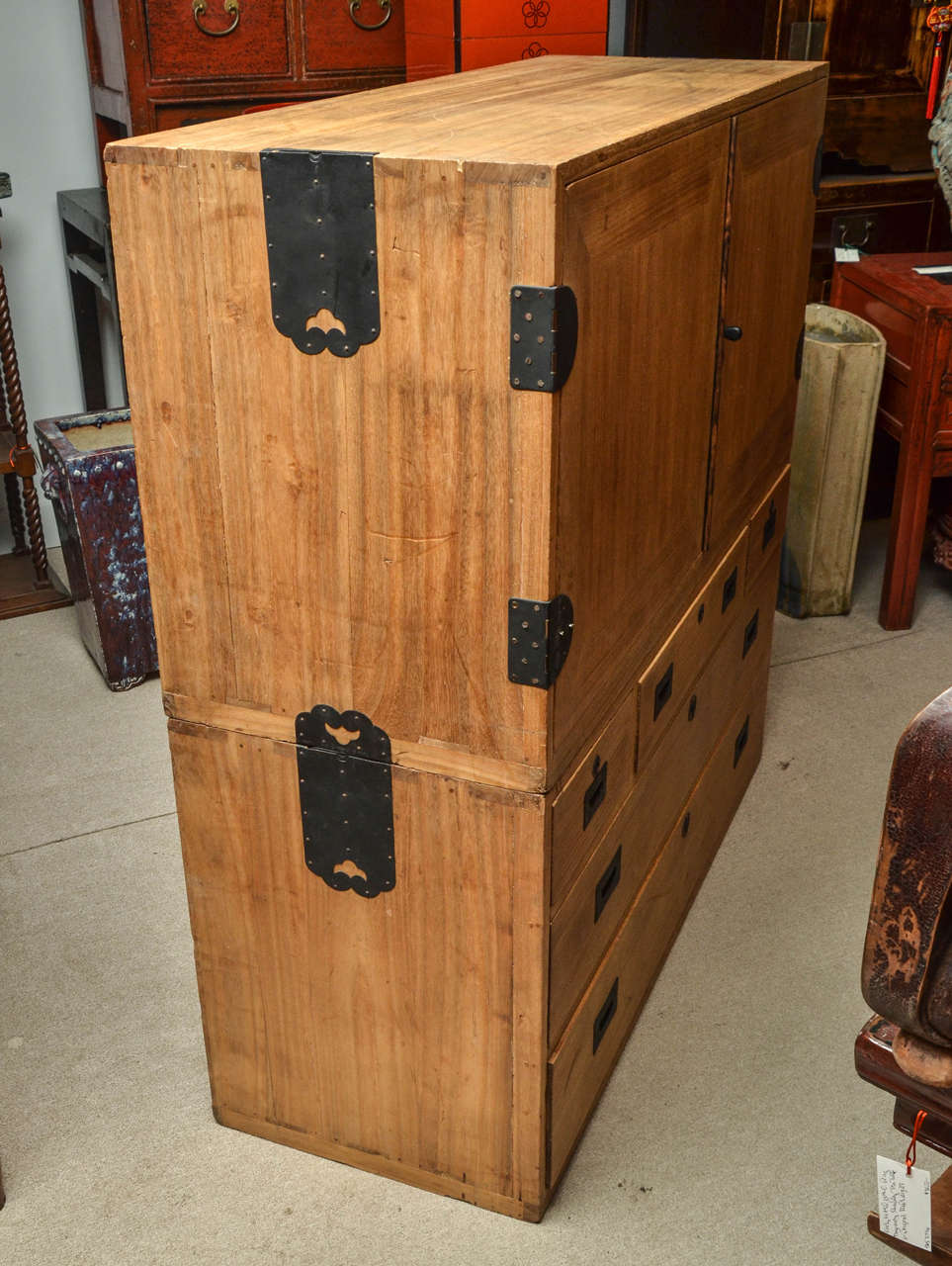 Wood Turn of the Century Meiji Period Japanese Kimono Chest in Campaign Form