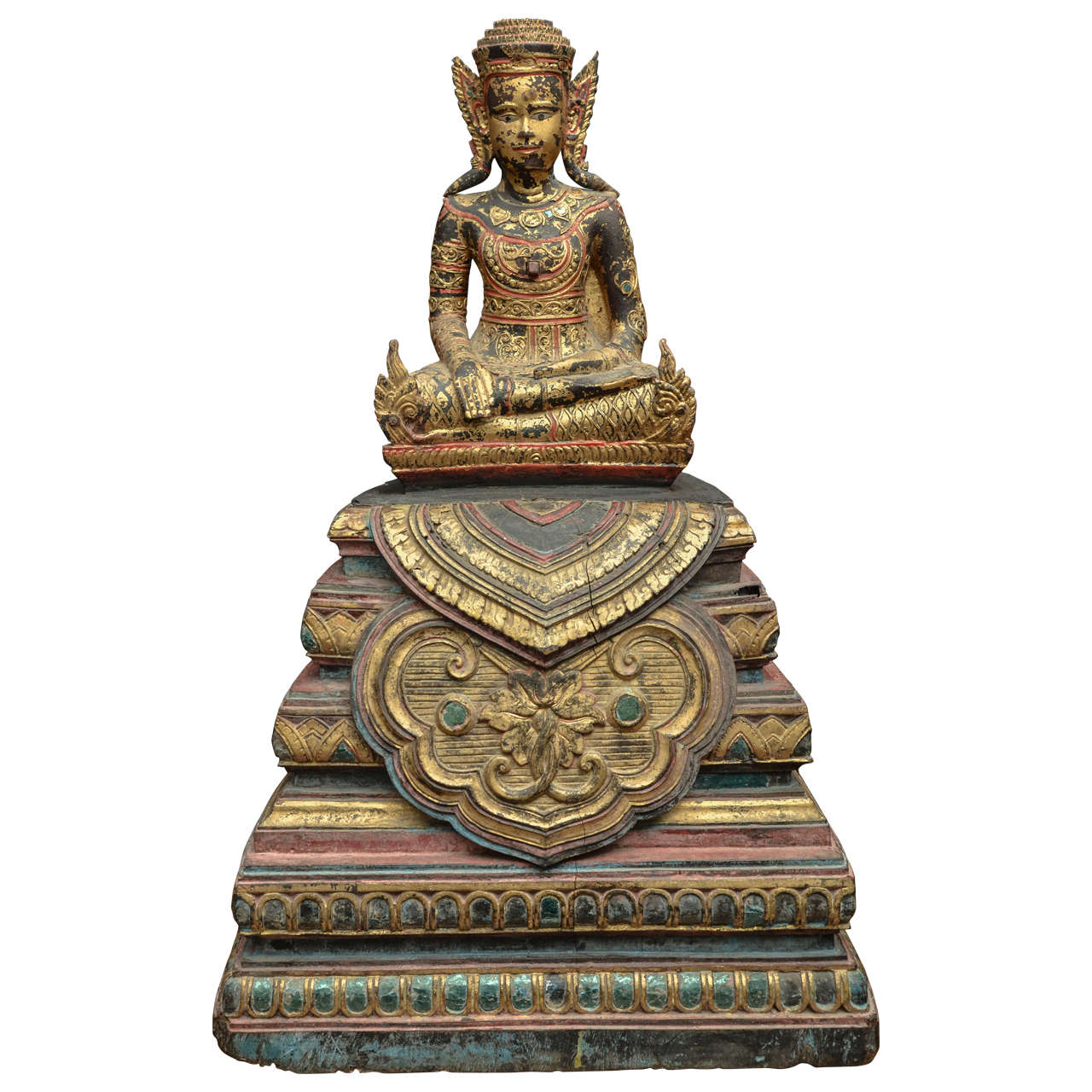 19th Century Carved and Parcel-Gilt Cambodian Seated Buddha in Royal Dress For Sale