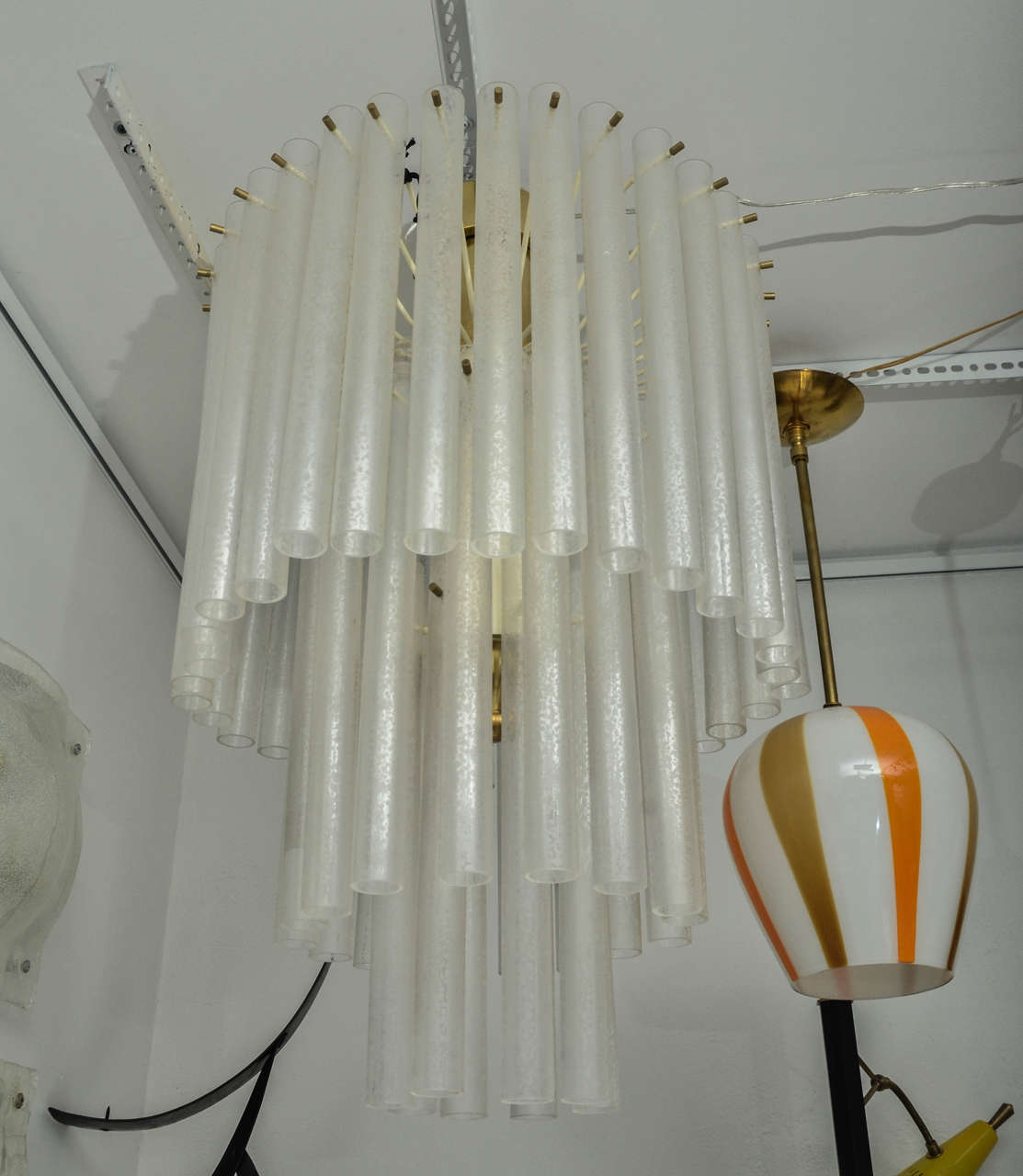Mid-Century Modern Three-Tier Chandelier Composed of Multiple Frosted Glass Tubes by Venini