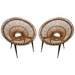 Pair of Rattan "Circle" Chairs with Metal Bases