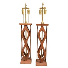 Pair of Wood Open-Work Table Lamps with Brass Hardware