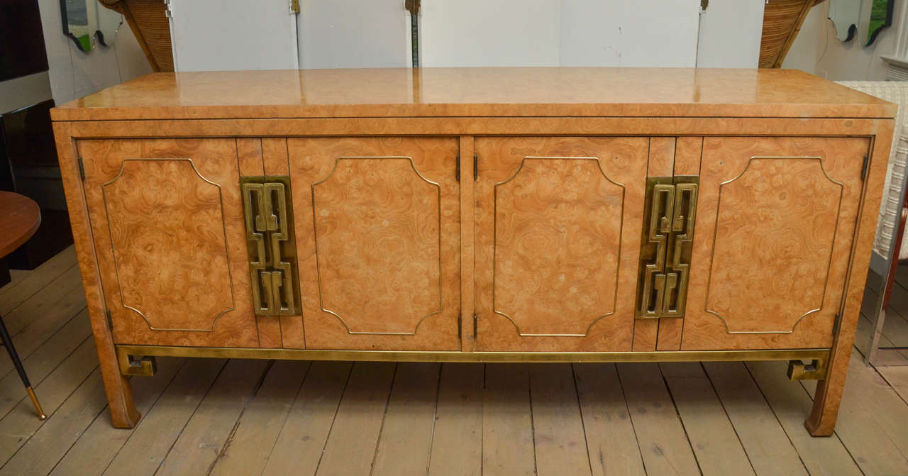 Burlwood Sideboard with Asian Inspired Brass Details, with Interior Drawers