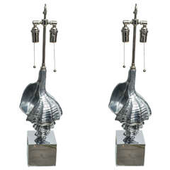 Retro Pair of Nickel Conch Shell Form Table Lamps with Square Bases